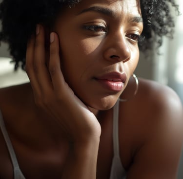 Close-up of a thoughtful Black woman with curly hair and hoop earrings in natural light.