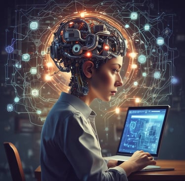 a woman talking on a cell phone while using a laptop