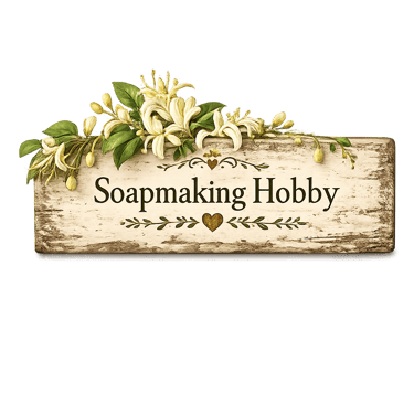 Rustic Soapmaking Hobby wooden sign decorated with white honeysuckle flowers and golden hearts.