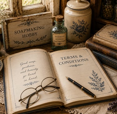 Vintage soapmaking journals and supplies on a rustic wooden table with an open book and round glasses.