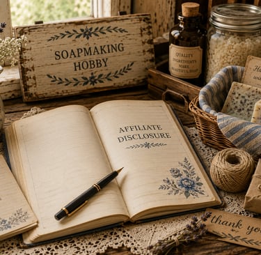 Rustic soapmaking hobby workspace with an open journal, handmade soap bars, and vintage supplies on a wooden table.
