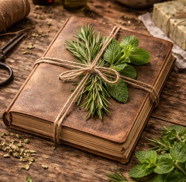 Vintage leather journal tied with twine and fresh green herbs on a rustic wooden table.