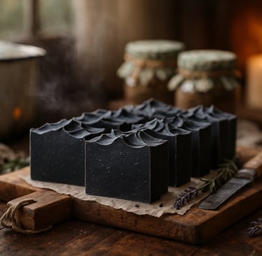 Handmade activated charcoal soap bars on a wooden board with lavender and a lit candle.