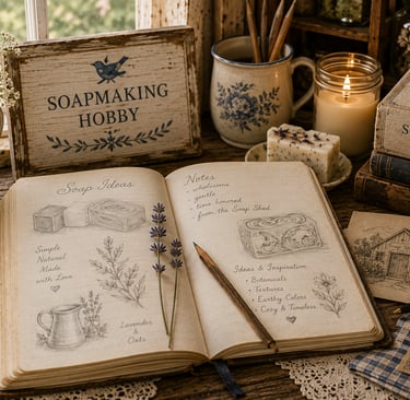 Handmade soapmaking journal and sketches with lavender, dried herbs, and a lit candle on a rustic wooden desk.