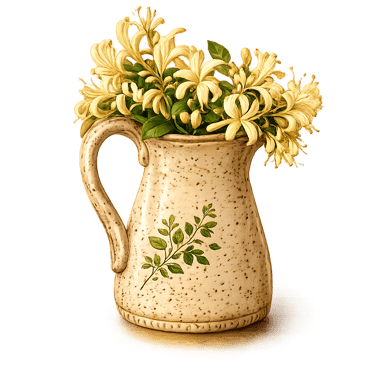 Vintage speckled ceramic pitcher with a green leaf pattern holding fresh yellow honeysuckle flowers against a black