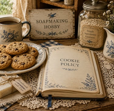 Rustic kitchen setting with chocolate chip cookies, coffee, and a vintage book open to a cookie policy page.