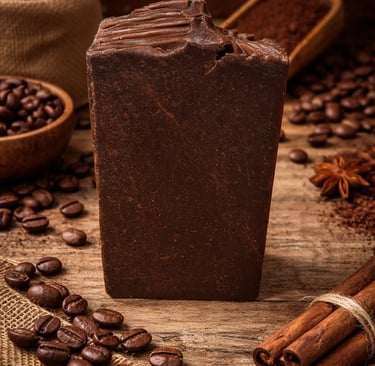 Handmade dark chocolate coffee soap bar on wooden surface with roasted coffee beans and cinnamon sticks.