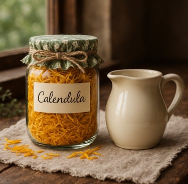 A glass jar filled with dried yellow calendula petals sitting next to a ceramic pitcher.