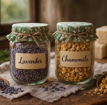 Glass jars of dried lavender and chamomile flowers for herbal tea or aromatherapy.