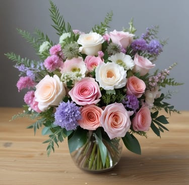 Soft morning light falling on a rustic wooden table with a vase of mixed seasonal flowers.