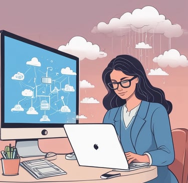 A focused consultant working on a Salesforce architecture blueprint, with cloud icons representing multiple Salesforce clouds hovering around.