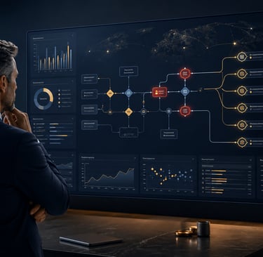 A businessman analyzing a complex digital data dashboard with global analytics and flowcharts on a large screen.