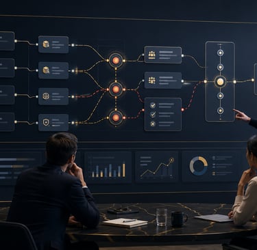 Business team analyzing a digital data workflow and logic flowchart on a large screen in a boardroom.