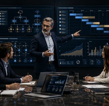 Business leader presenting data analytics and project management charts to a team in a modern boardroom.
