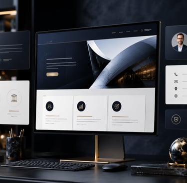 Professional website design interface displayed on a computer monitor with floating UI elements for business web development.
