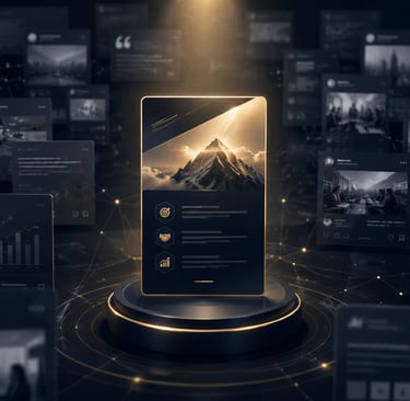 Digital marketing dashboard showing social media metrics and a glowing mountain graphic on a pedestal.