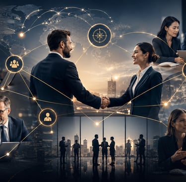 Global business professionals networking and shaking hands with digital connection overlays.