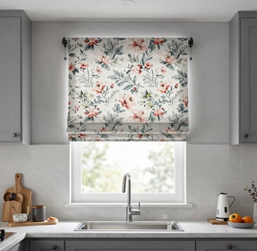 Sunlight gently filtering through elegant cream-colored roller blinds in a cozy living room.