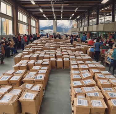 A delivery truck with the maztrade logo unloading crates of fresh international food products at a local retailer.