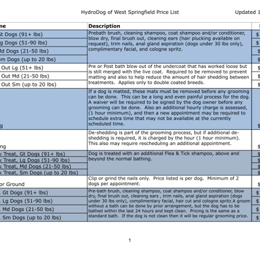 Bathing prices, depending on size, ranging from $75-$125, full grooms ranging from $100-$140 