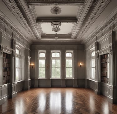 a room with a large window and a ceiling fan