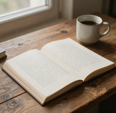 A high-angle close-up of a rustic wooden desk with a stack of handwritten manuscripts and a simple ceramic mug. Soft morning light from a window creates a sophisticated and introspective atmosphere. International / Western style. Colors include Cream and Tan.