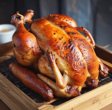 Cuts of fresh meat resting on a wooden butcher block.