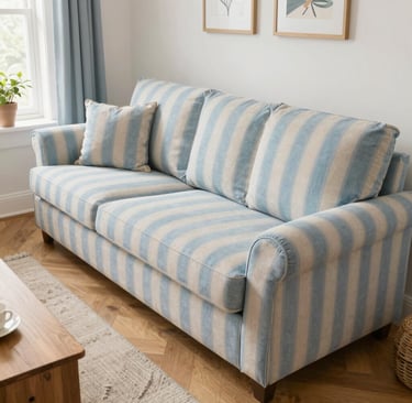 Cozy living room with a custom linen sofa cover in soft natural tones