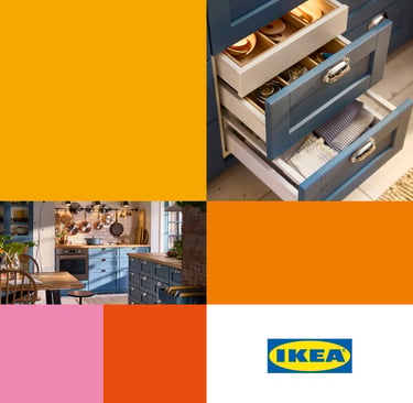 Modern blue IKEA kitchen cabinets with organized drawers and hanging copper cookware in a cozy home interior.
