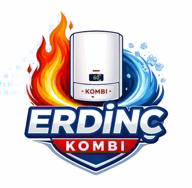 Erdinç Kombi logo featuring a modern white boiler unit surrounded by fire and ice symbols.