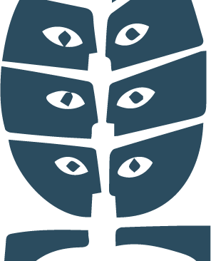 Ilustración gráfica abstracta de un árbol estilizado con hojas que forman patrones en forma de ojo