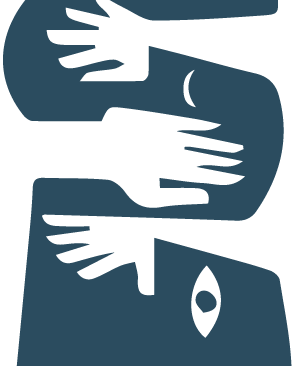 Ilustración gráfica abstracta de manos negras que se extienden sobre la silueta de un cuerpo azul