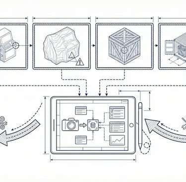 數位化木箱包裝流程圖 (Digital Wooden Crate Packaging Workflow Diagram)，展示從原料、包裝、裝箱到貨櫃運輸的 SOP 系統管理。
