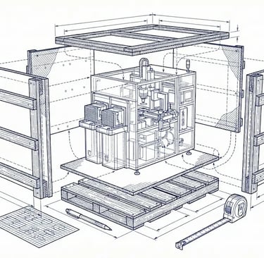重型工業機械出口木箱包裝爆炸圖，顯示機台固定在棧板上，底板、四面木箱板與上蓋分解展開，周圍搭配尺寸標註、設計圖與捲尺等量測工具。