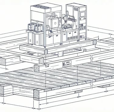 重型工業機械底版設計示意圖，顯示機台固定在 IPPC 認證的木製滑木與底板上，作為出口包裝與搬運用的重型底板。