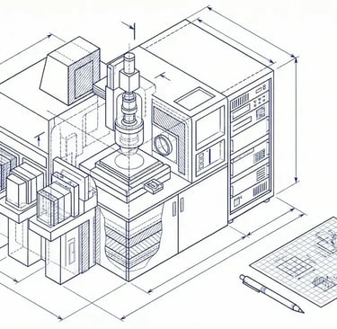 工業設備外觀與尺寸測量示意圖，顯示機台各方向尺寸搭配設計圖、筆與捲尺，用於出口木箱包裝設計與規劃。