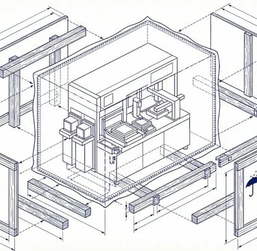 工業設備出口木箱包裝爆炸圖，顯示機台先包覆防護內襯，再由底座木條與四面印有搬運與防潮圖示的木箱側板組裝成完整包裝。