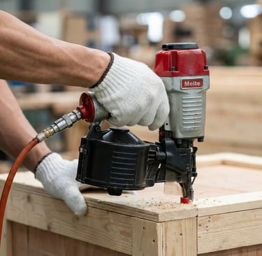 木箱行師傅使用氣動釘槍組裝工業木箱，展現出口包裝與木箱製作現場。