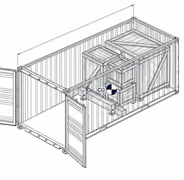 貨櫃內工業木箱裝載佈局示意圖，顯示多個木箱在貨櫃中固定擺放，並標示整體貨物重心 CG 位置。