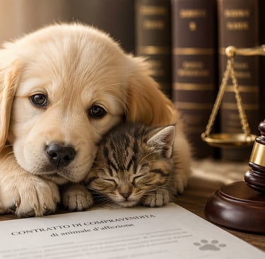 Dog puppy and kitten resting near animal law books and a legal gavel.