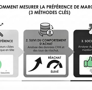 Infographie expliquant comment mesurer la préférence de marque avec trois méthodes clés