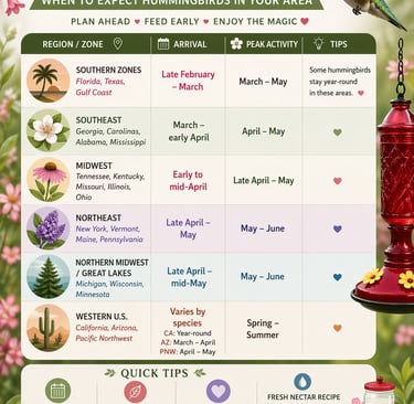 Hummingbird migration calendar chart showing arrival dates and nectar feeding tips for different US regions.