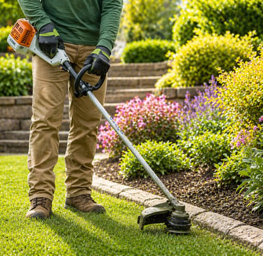 A landscaper uses a Stihl string trimmer to edge a lush green lawn near a flower bed.