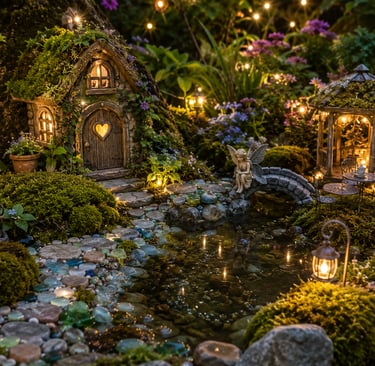 Magical miniature fairy garden with a mossy cottage, pond, stone path, and glowing fairy lights.