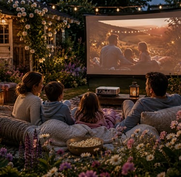 Family watching a movie on an outdoor projector screen in a cozy backyard garden with string lights.