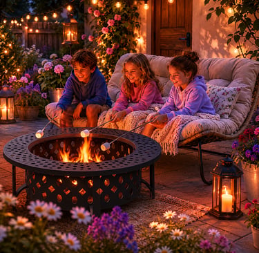 Children roasting marshmallows over a backyard fire pit with garden string lights and lanterns.
