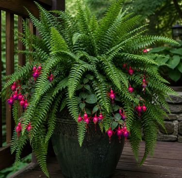 Vibrant pink fuchsia flowers and lush green Boston ferns in a ceramic planter on a wooden deck.