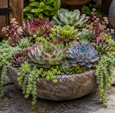 A stone bowl filled with colorful Echeveria succulents and trailing Burro's Tail in a garden.