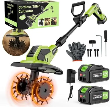 Portable electric cordless tiller cultivator set with 21V batteries, charger, and garden tools.