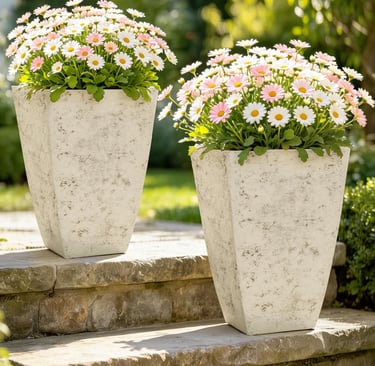 Pink and white daisy flowers in rustic stone planters on garden steps.